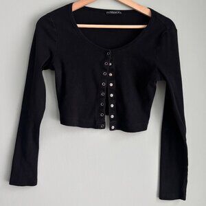 Black Cropped Snap Button Cardigan_ Ribbed Long Sleeve Top_Size Medium (M)